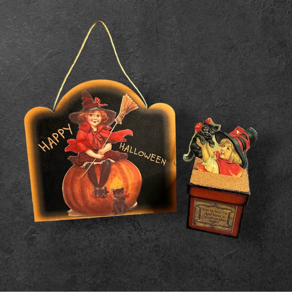 Happy Halloween Lot wooden wall hanging plaque and box decor vintage vibe